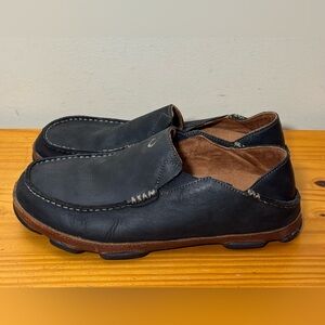 OluKai Slip-On Leather Loafers Black/ Toffee Mens sz 9.5 Orig $140